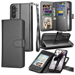 Samsung Galaxy A54 5G Black Leather Wallet Phone Case w/Wrist Lanyard